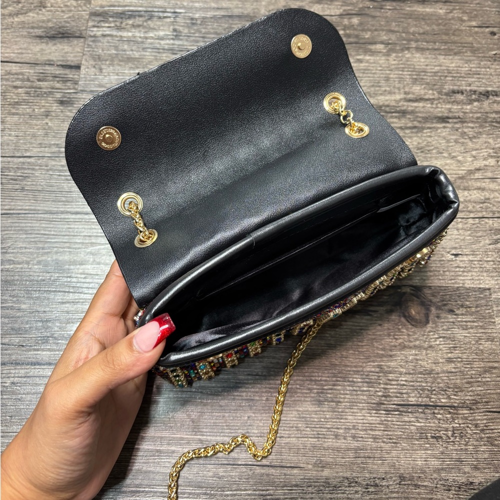 Elegant Multicolor Rhinestone Clutch with Gold Chain - Picture 8 of 10